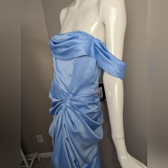 Pretty Little thing Blue Satin Draped Bardot Midi Dress 6 NWT - Picture 10 of 13